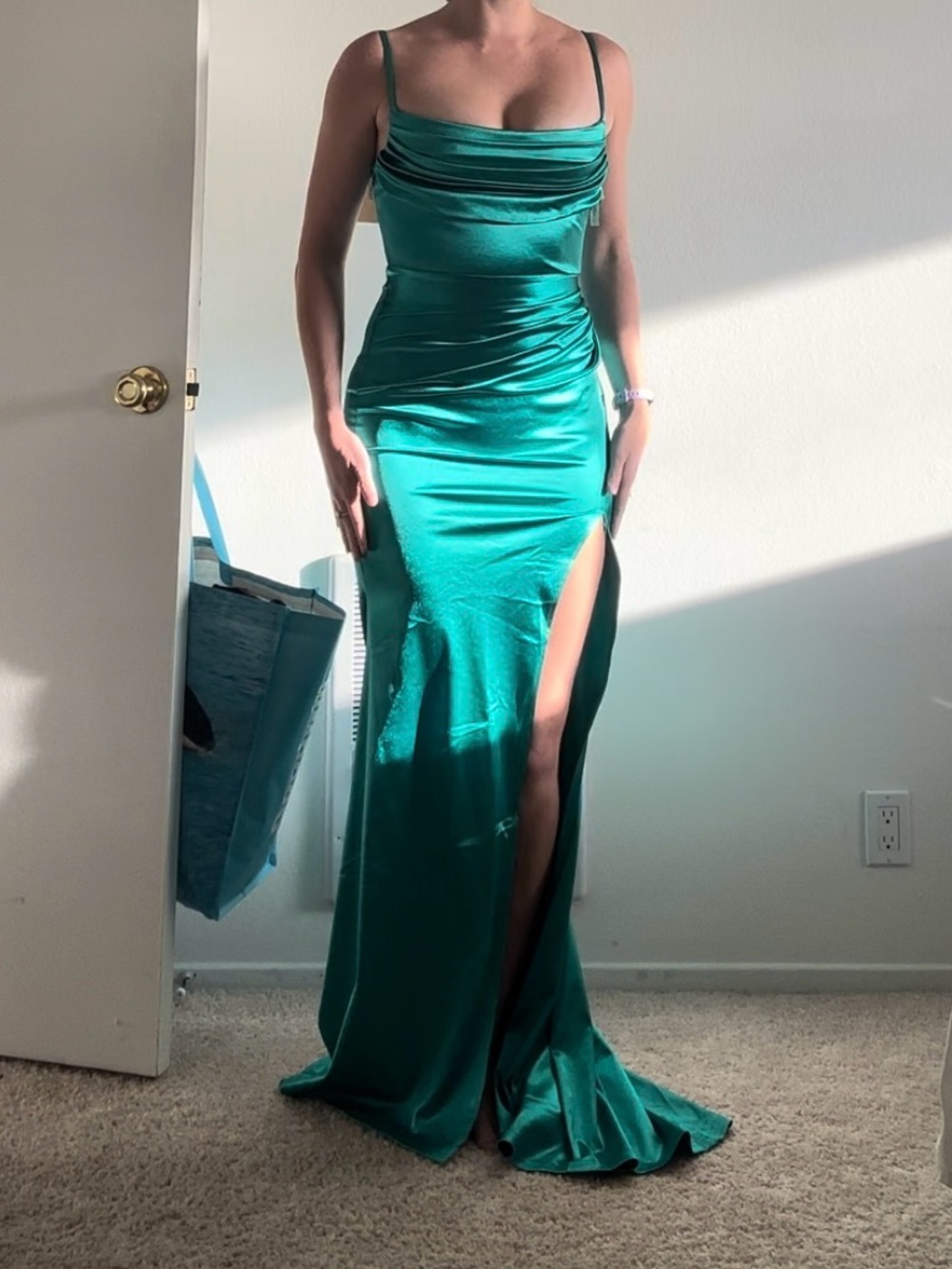 NWT Satin ruched evening dress with slit